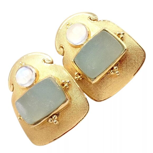 Rare! Vintage Paula Crevoshay 18k Gold Smithsonite Moonstone Earrings OOAK - Picture 1 of 11